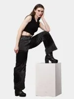 Reworked Vintage Denim Pants – Black Patch Panels with Contrast Stitch - Image 6