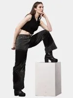 Reworked Vintage Denim Pants – Black Patch Panels with Contrast Stitch - Image 5