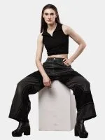 Reworked Vintage Denim Pants – Black Patch Panels with Contrast Stitch - Image 3