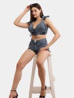 Reworked Denim Co-ord Set – Upcycled Denim Tie-Up Top & High-Waist Shorts - Image 4