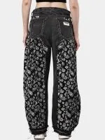 Black Paisley Rework Baggy Pants – Hand-Stitched White Thread Detail - Image 2