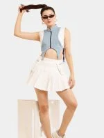 Upcycled White & Blue Streetwear Co-Ord Set – Zip Top & Pleated Skirt - Image 3