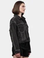 Silver Studded Black Denim Jacket – Hand Embellished Stud Work – Cropped Streetwear Jacket - Image 13