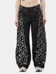 Black Paisley Rework Baggy Pants – Hand-Stitched White Thread Detail