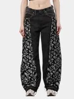Black Paisley Rework Baggy Pants – Hand-Stitched White Thread Detail - Image 3