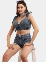 Reworked Denim Co-ord Set – Upcycled Denim Tie-Up Top & High-Waist Shorts - Image 11