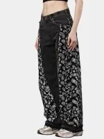 Black Paisley Rework Baggy Pants – Hand-Stitched White Thread Detail - Image 4