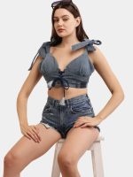 Reworked Denim Co-ord Set – Upcycled Denim Tie-Up Top & High-Waist Shorts - Image 9