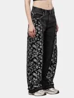 Black Paisley Rework Baggy Pants – Hand-Stitched White Thread Detail - Image 5