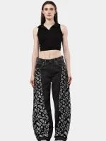 Black Paisley Rework Baggy Pants – Hand-Stitched White Thread Detail - Image 6