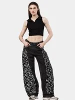 Black Paisley Rework Baggy Pants – Hand-Stitched White Thread Detail - Image 7