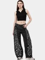 Black Paisley Rework Baggy Pants – Hand-Stitched White Thread Detail - Image 8