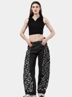 Black Paisley Rework Baggy Pants – Hand-Stitched White Thread Detail - Image 9