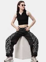 Black Paisley Rework Baggy Pants – Hand-Stitched White Thread Detail - Image 10