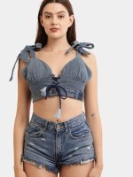 Reworked Denim Co-ord Set – Upcycled Denim Tie-Up Top & High-Waist Shorts - Image 3