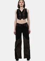 Two-Tone Reworked Denim Co-Ord Set – Patchwork Pants & Sleeveless Mini Jacket Top - Image 13