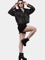 Silver Studded Black Denim Jacket – Hand Embellished Stud Work – Cropped Streetwear Jacket - Image 12