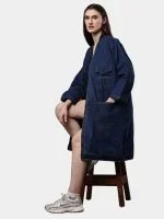 Reworked Denim Long Coat – Multi-Pocket Denim Coat with Hand Thread Work