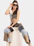 Upcycled Patchwork Baggy Denim Set – Multi-Brand Patch Jeans & Lace V-Neck Top