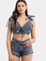 Reworked Denim Co-ord Set – Upcycled Denim Tie-Up Top & High-Waist Shorts - Image 7
