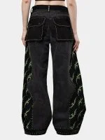 Black Patchwork Baggy Pants with Neon Green Hand Stitch - Image 2