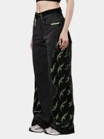 Black Patchwork Baggy Pants with Neon Green Hand Stitch - Image 3