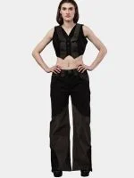 Two-Tone Reworked Denim Co-Ord Set – Patchwork Pants & Sleeveless Mini Jacket Top - Image 10