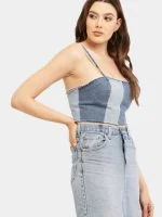 Two-Tone Raw Denim Corset Crop Top - Image 9