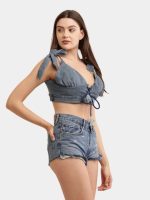 Reworked Denim Co-ord Set – Upcycled Denim Tie-Up Top & High-Waist Shorts