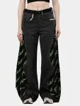 Black Patchwork Baggy Pants with Neon Green Hand Stitch