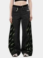 Black Patchwork Baggy Pants with Neon Green Hand Stitch - Image 4