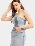Two-Tone Raw Denim Corset Crop Top