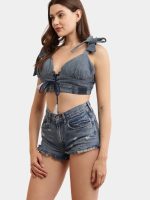 Reworked Denim Co-ord Set – Upcycled Denim Tie-Up Top & High-Waist Shorts - Image 5
