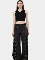 Black Patchwork Baggy Pants with Neon Green Hand Stitch - Image 6