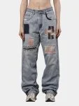 Denim Pants with Sashiko Threadwork & Patch Embroidery