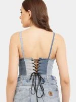 Two-Tone Raw Denim Corset Crop Top - Image 13