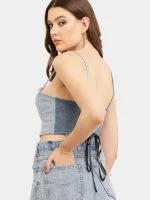 Two-Tone Raw Denim Corset Crop Top - Image 11