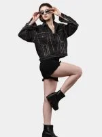 Silver Studded Black Denim Jacket – Hand Embellished Stud Work – Cropped Streetwear Jacket - Image 11