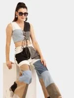 Upcycled Patchwork Baggy Denim Set – Multi-Brand Patch Jeans & Lace V-Neck Top - Image 7