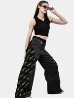 Black Patchwork Baggy Pants with Neon Green Hand Stitch - Image 11