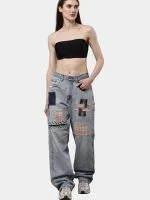 Reworked Denim Pants with Sashiko Threadwork & Patch Embroidery - Image 4