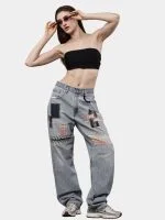 Reworked Denim Pants with Sashiko Threadwork & Patch Embroidery