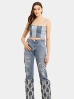 Two-Tone Raw Denim Corset Crop Top - Image 8