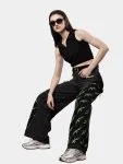 Black Patchwork Baggy Pants with Neon Green Hand Stitch
