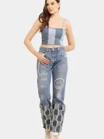Two-Tone Raw Denim Corset Crop Top - Image 4
