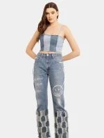 Two-Tone Raw Denim Corset Crop Top - Image 7
