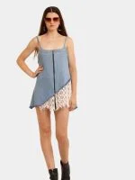 Denim & White Net Rework Dress with Front Zipper - Image 10