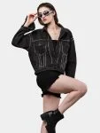 Silver Studded Black Denim Jacket – Hand Embellished Stud Work – Cropped Streetwear Jacket