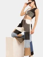 Upcycled Patchwork Baggy Denim Set – Multi-Brand Patch Jeans & Lace V-Neck Top - Image 5