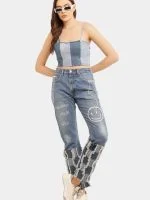 Two-Tone Raw Denim Corset Crop Top - Image 2